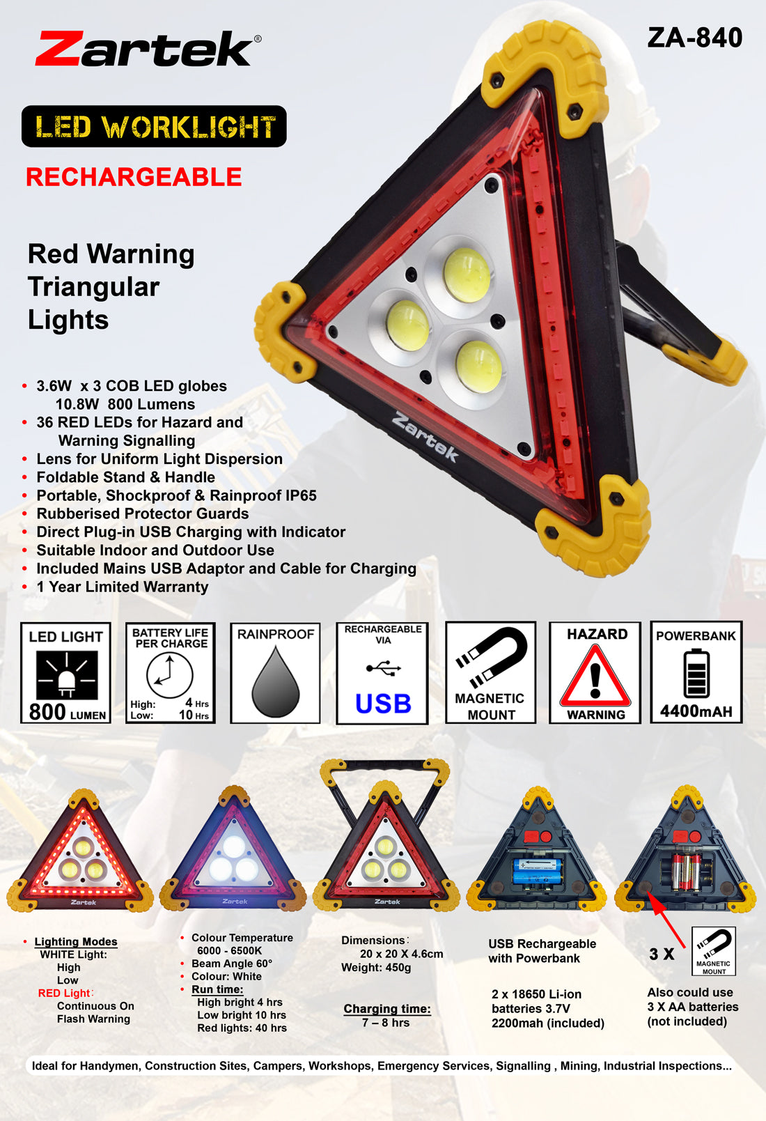 ZA840 LED Worklight with Red warning triangular lights 10.8W, 800 LM