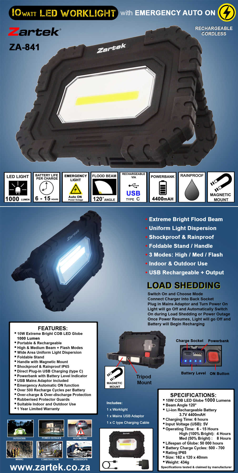 Emergency light, auto power on , LED 10W Worklight 1000Lm ZA841