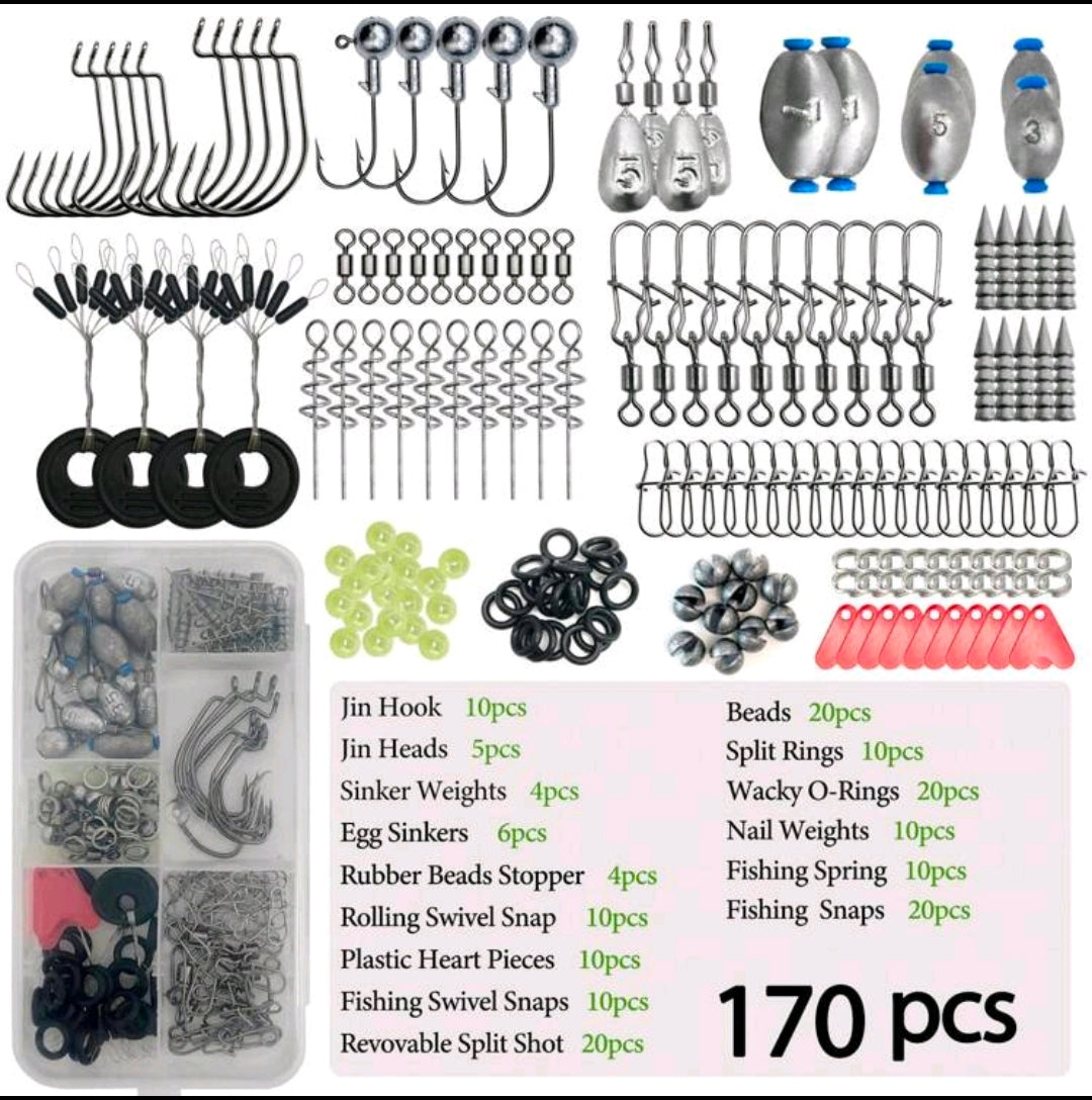 170pc Fishing Kit with tackle box, hooks, sinkers, swivels