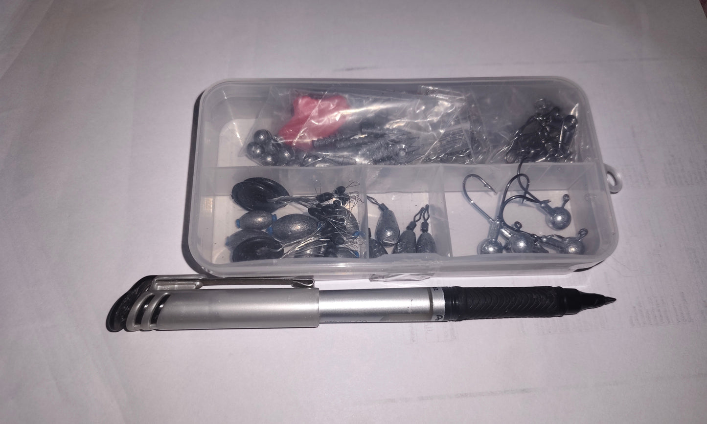 170pc Fishing Kit with tackle box, hooks, sinkers, swivels