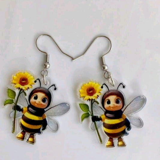 2D Acrylic Sunflower Bee Earrings (Flat)