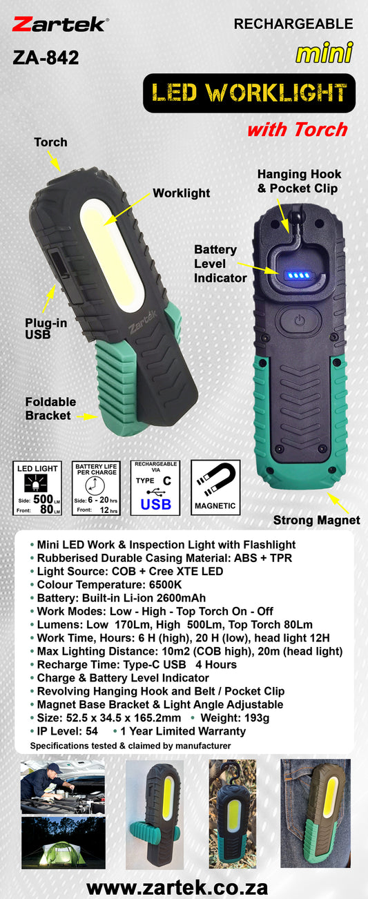 Mini worklight 500Lm COB, with torch 80LM, Recharge via USB-C, Rubberised, Magnetic