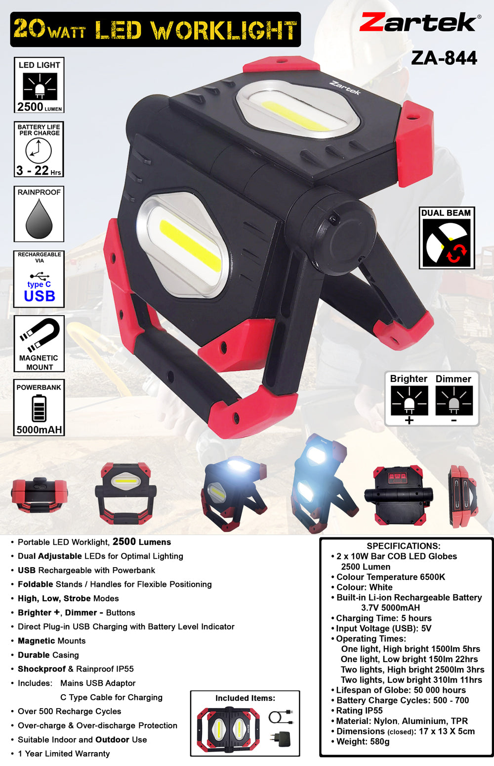 LED 20W Foldable / Double sided worklight 2500Lm