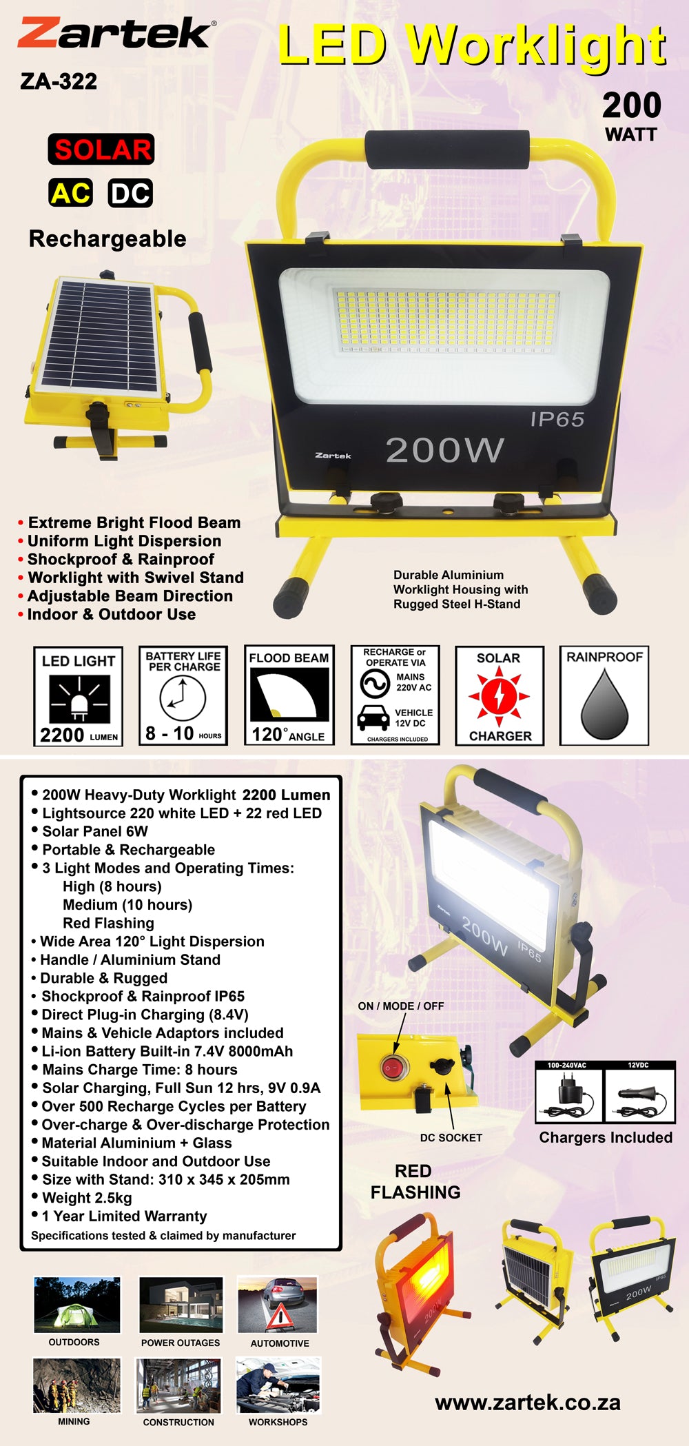 ZA322 LED 200W Worklight 2200LM, Recharge via built in solar panel or vehicle
