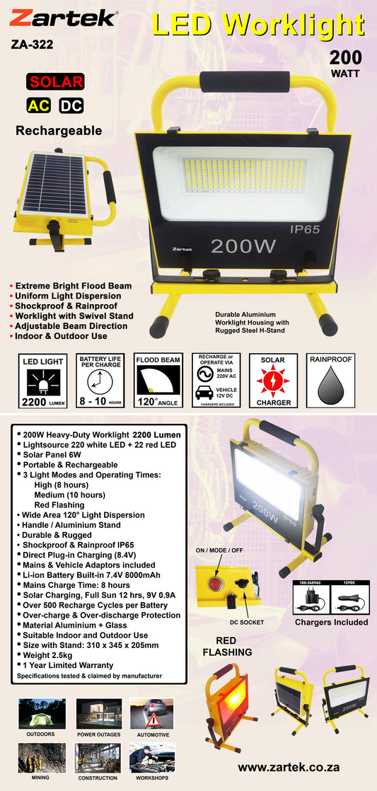 ZA322 LED 200W Worklight 2200LM, Recharge via built in solar panel or vehicle