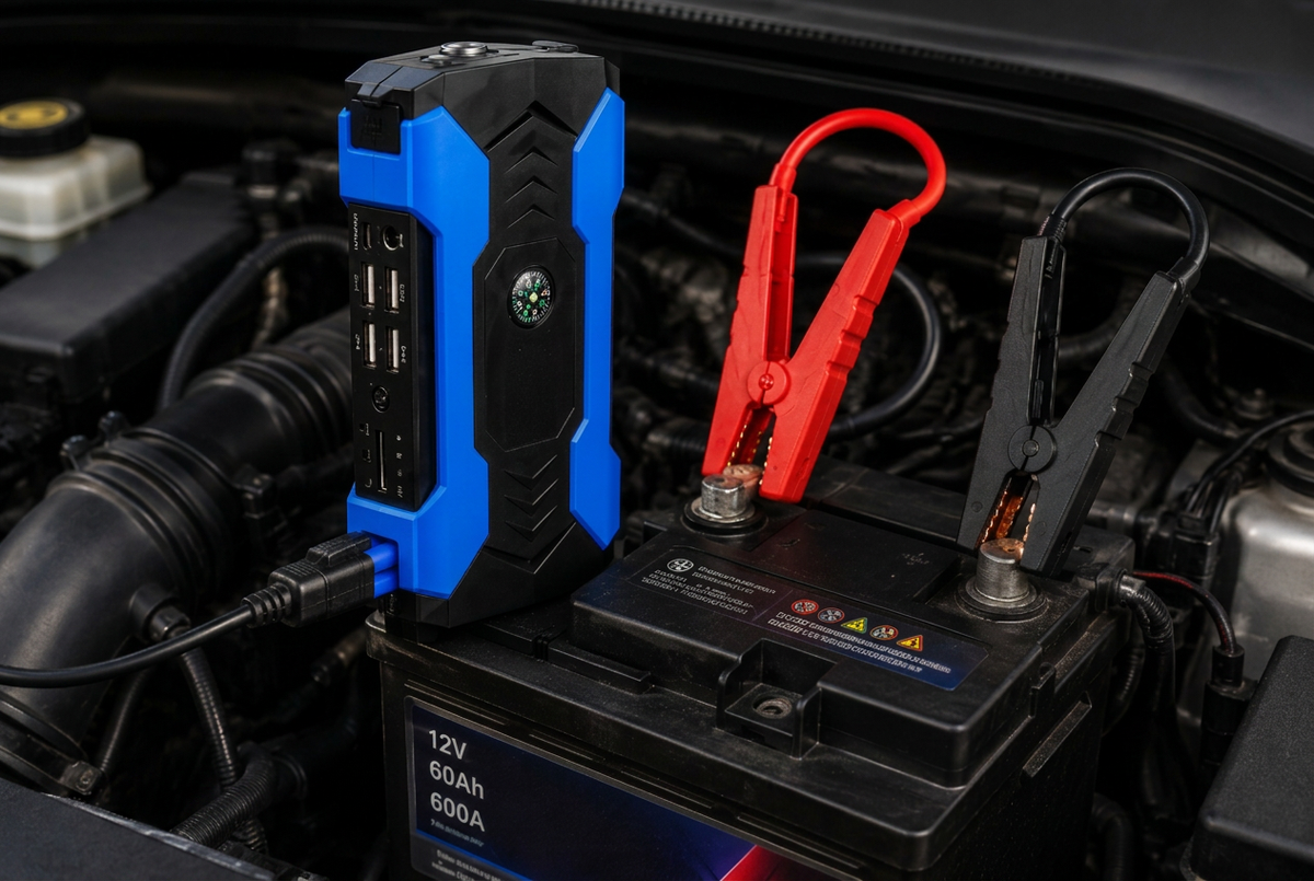 Jump starter connected to engine bay